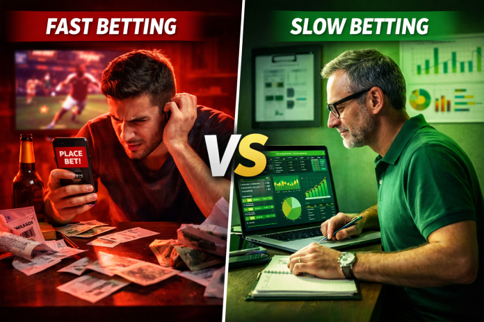 Slow betting vs fast betting comparison showing disciplined analysis and impulsive wagering in sports betting