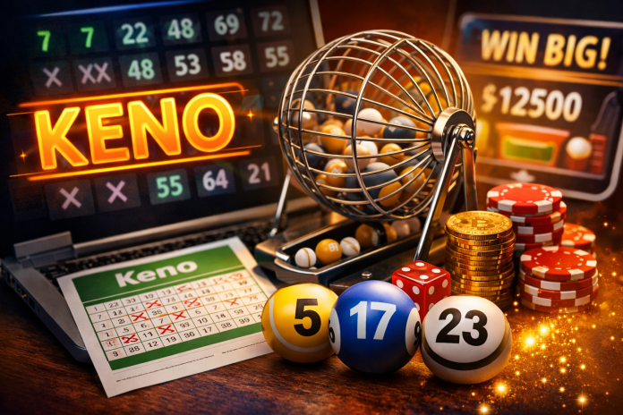 online keno game with number grid, keno balls and crypto casino betting concept