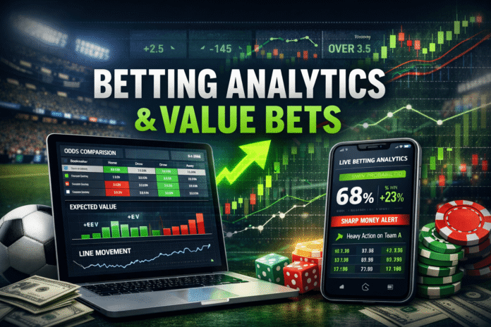 Sports betting analytics dashboard showing odds comparison, expected value calculations, and betting market trends