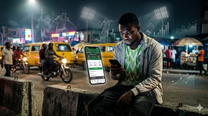 Young Nigerian bettor using a smartphone to place football bets online, with live odds and sports analytics displayed on screen, representing the growth of mobile sports betting in Nigeria