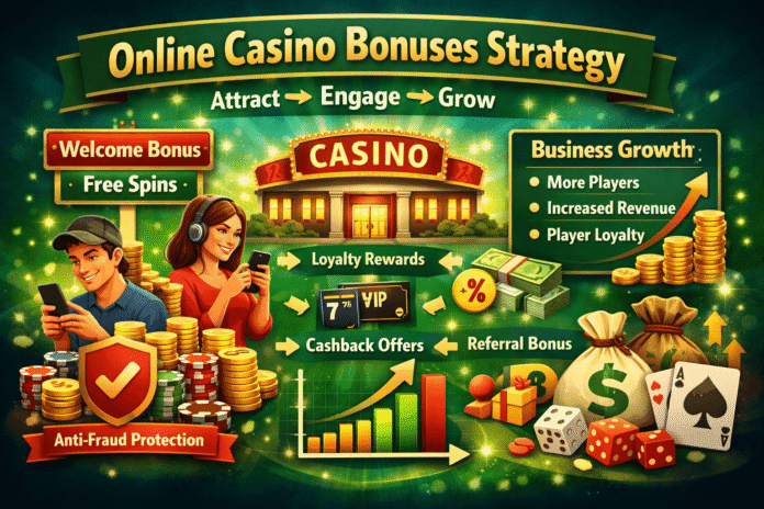 Illustration showing how online casino bonuses attract players, increase engagement, and drive long-term business growth through strategic promotions.