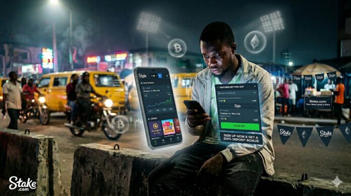 User accessing the Stake betting app on a smartphone with live sports odds, casino games, and cryptocurrency betting features displayed on screen