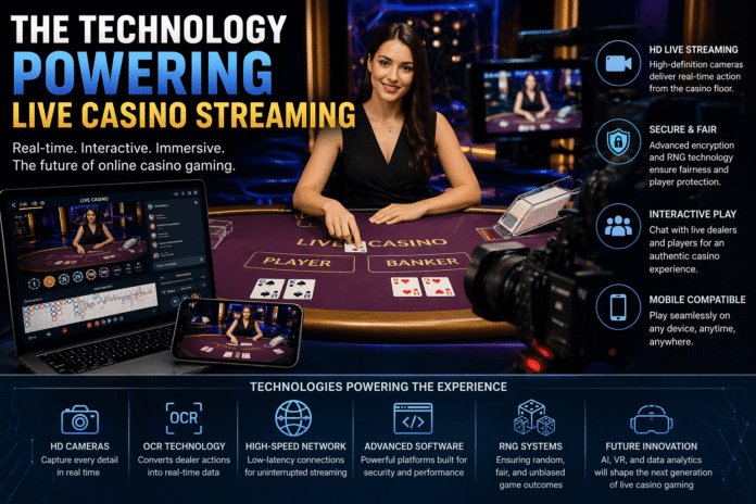 Live casino streaming setup with dealer, cameras, and real-time gaming interface on multiple screens