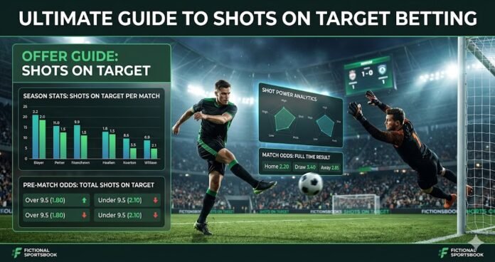 Football player taking a shot on goal with betting odds graphics for shots on target betting guide