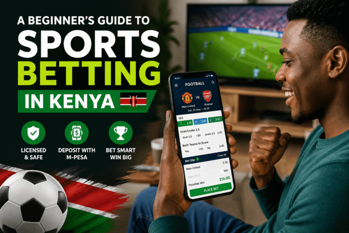 Beginner using mobile phone for sports betting in Kenya with odds and match selections