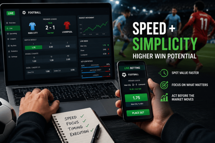 Sports bettor analyzing live odds and making quick prediction decisions on a betting platform