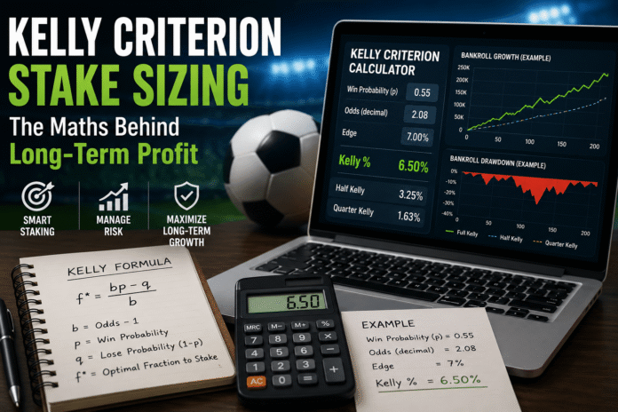 Sports bettor calculating bankroll management and Kelly Criterion stake sizing on a laptop