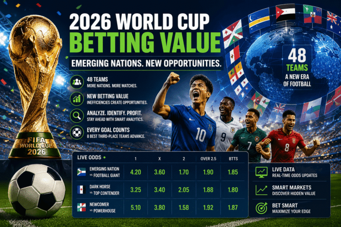 Illustration showing emerging football nations creating new betting value during the expanded 2026 FIFA World Cup tournament.