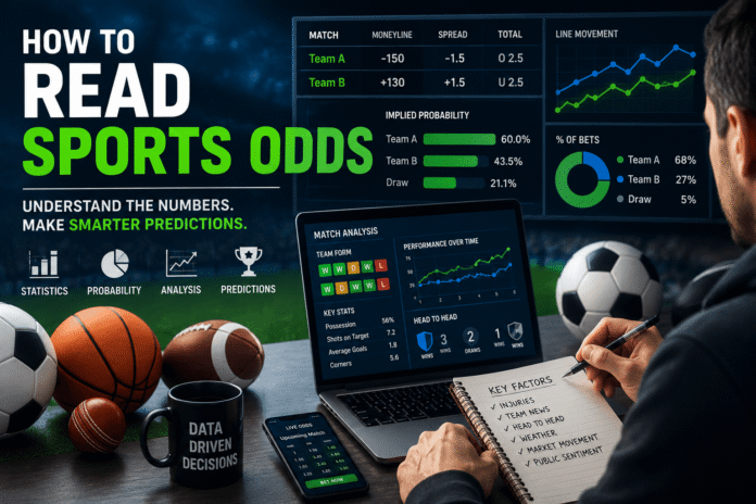 Sports fan analyzing sports odds, statistics, and match predictions on a digital dashboard