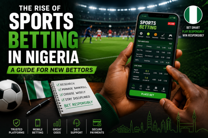 Nigerian sports bettor using a mobile betting app while watching a football match.