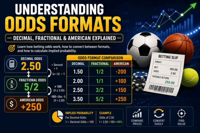 Comparison of decimal, fractional and American betting odds formats with conversion examples and implied probability calculations