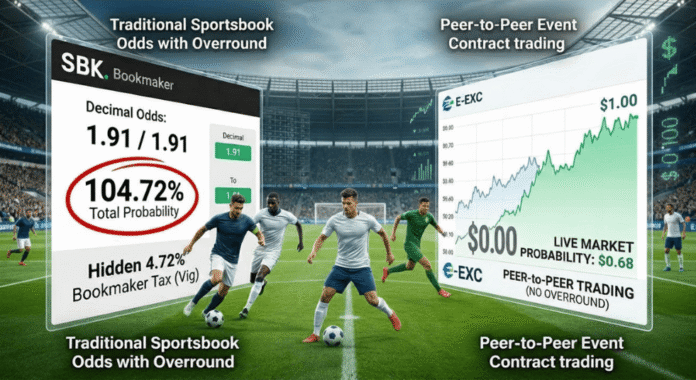 Illustration comparing traditional sportsbooks and prediction markets, highlighting overround costs, peer-to-peer trading, and bankroll management strategies.