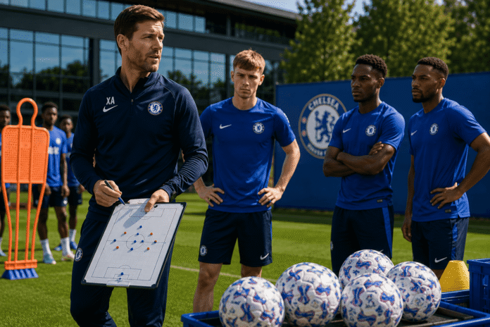 Xabi Alonso leading Chelsea players during a pre-season training session ahead of the 2026 Premier League season.