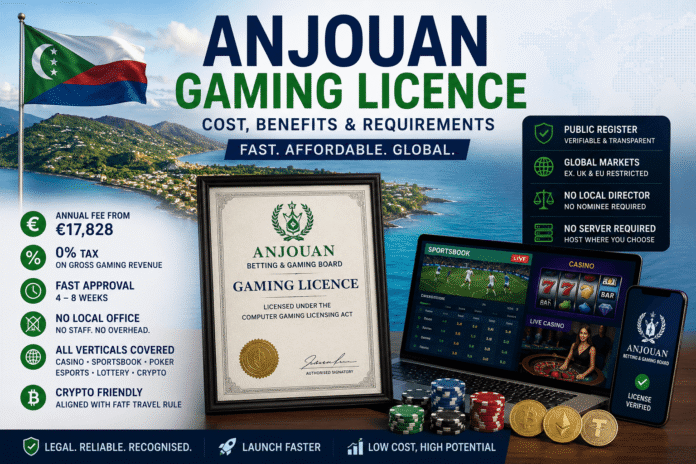 Anjouan gaming licence for online casino and sportsbook operators showing licensing costs, crypto support, and regulatory compliance