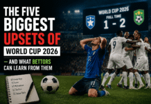 The Five Biggest Upsets of World Cup 2026 And What Bettors Can Learn From Them Players celebrating a shocking FIFA World Cup 2026 upset as disappointed favorites react after the final whistle.