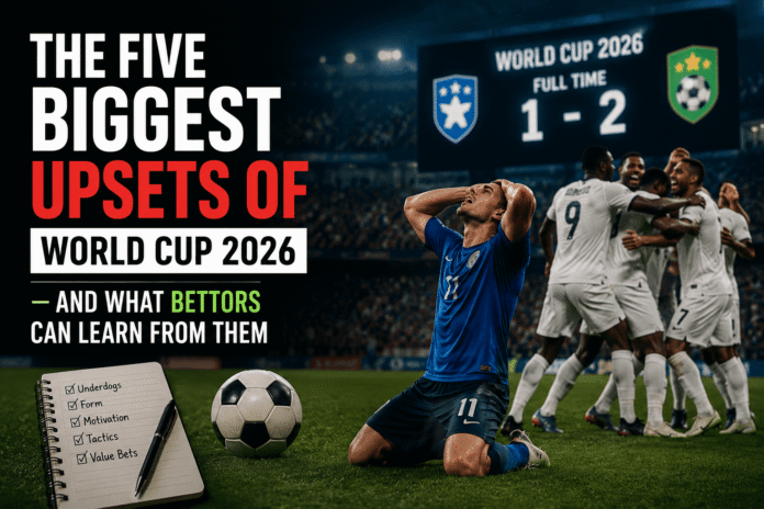 Players celebrating a shocking FIFA World Cup 2026 upset as disappointed favorites react after the final whistle.