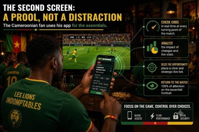 Football fans in Cameroon watching a live football match while using a smartphone for live stats and betting