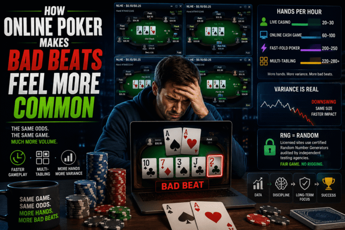Online poker player experiencing a bad beat while multiple poker tables display fast-paced gameplay and poker odds.
