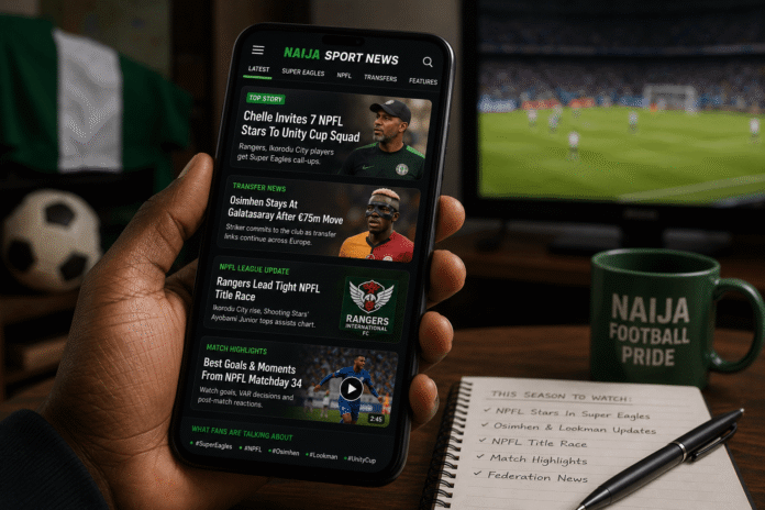 Naija Sport News featuring Super Eagles players, NPFL action, football transfer news, and match highlights