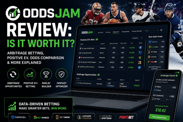 Sports bettor using OddsJam software to compare betting odds and identify arbitrage opportunities across multiple sportsbooks.