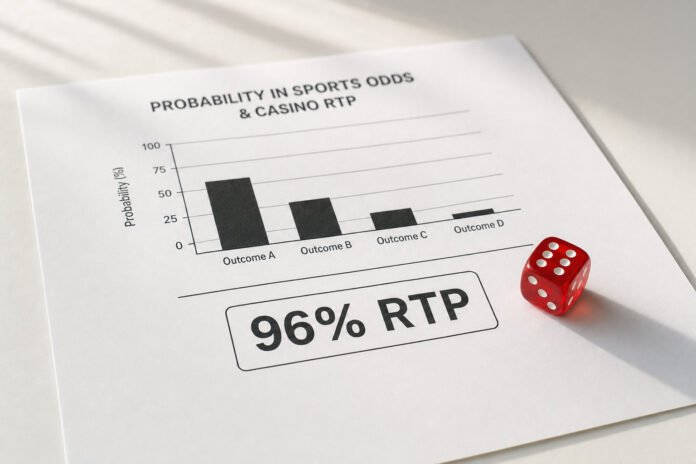 Sports odds to casino RTP showing betting odds, probability charts, roulette wheel, slot machine, and football statistics