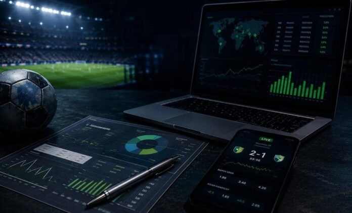 Sports bettor analyzing betting odds, statistics, and live sports data to build successful sports betting strategies.