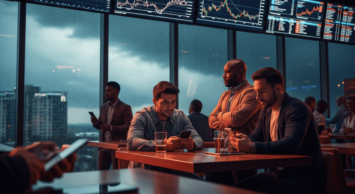 Bettor checking football betting odds during a delayed World Cup match