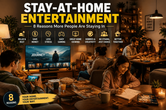 People enjoying stay-at-home entertainment with gaming, movies and hobbies