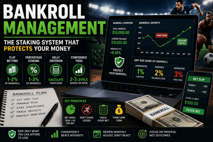 Sports bettor calculating bankroll management and staking percentages on a betting strategy dashboard
