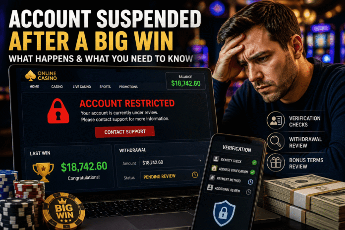 Casino account suspended after a big win while a withdrawal undergoes verification and compliance review