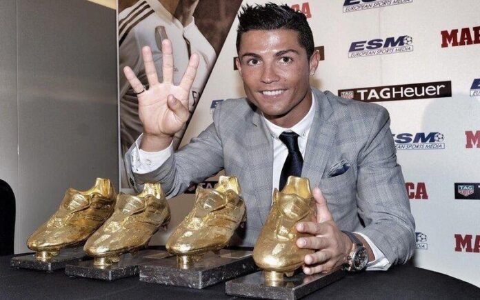 Cristiano Ronaldo with his Golden Shoe awards