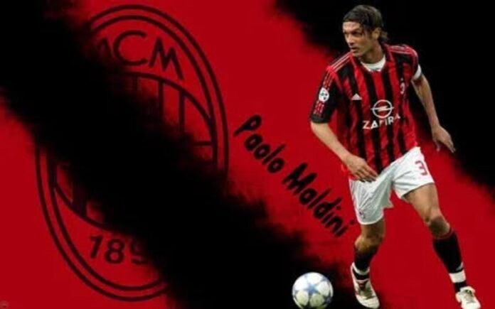 Paolo Maldini celebrating during his AC Milan career