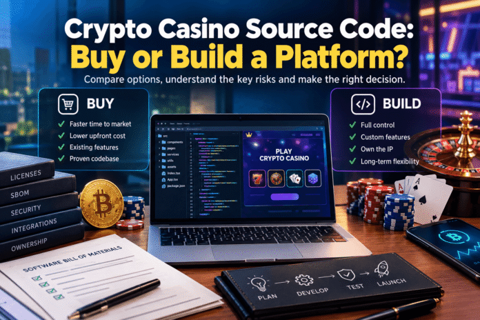 Software source code on a laptop beside a comparison of purchased and custom-built crypto casino platforms