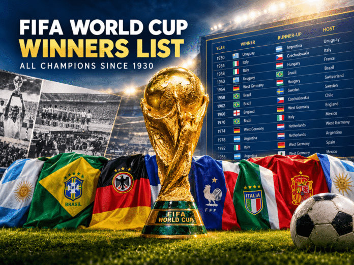 FIFA World Cup trophy surrounded by national football colours representing past World Cup champions
