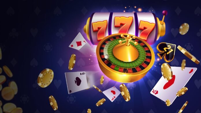 Casino gaming scene featuring slot machine reels, blackjack cards, and a roulette wheel