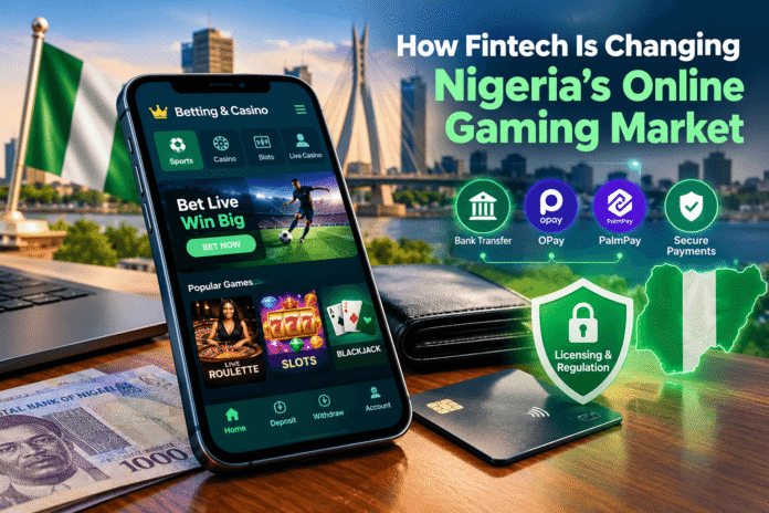 Smartphone displaying an online gaming platform beside digital payment symbols in Nigeria