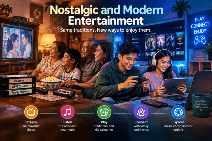Filipino family enjoying traditional entertainment alongside modern digital activities
