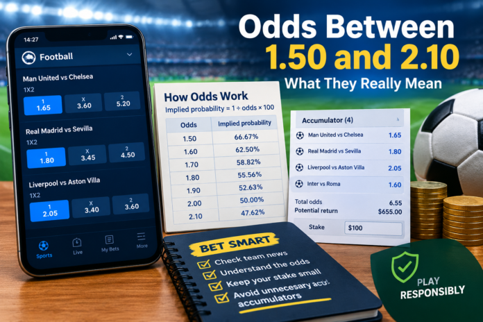 Football betting odds between 1.50 and 2.10 displayed on a betting slip