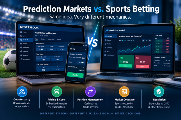 Prediction markets and traditional sports betting compared on digital trading screens