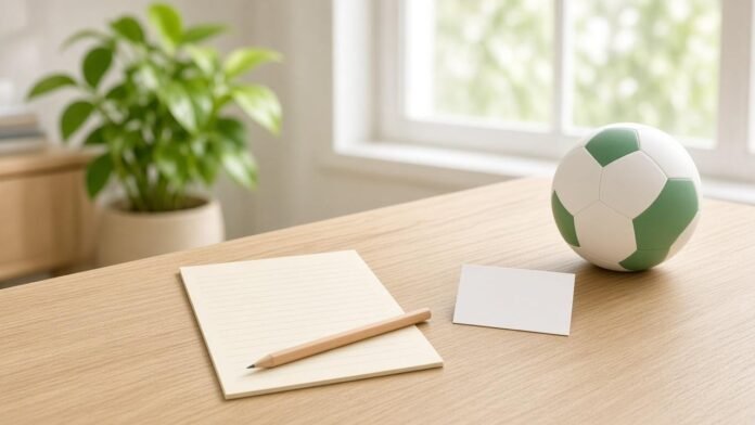 Blank betting record sheet, pencil, payment card, and football on a bright desk