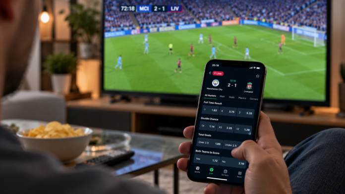 Live sports betting displayed on a smartphone during a football match